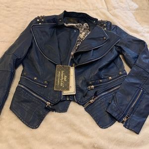 Blue Faux Leather Biker Jacket